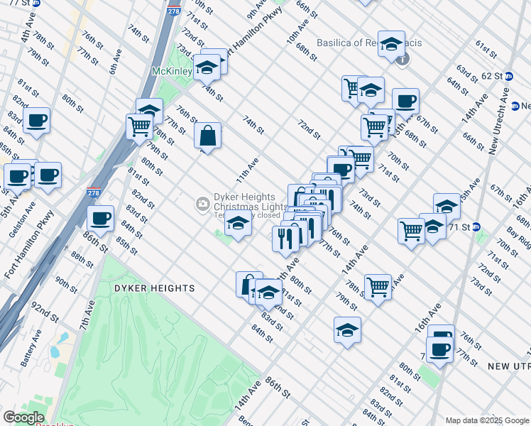 map of restaurants, bars, coffee shops, grocery stores, and more near 7724 12th Avenue in Brooklyn
