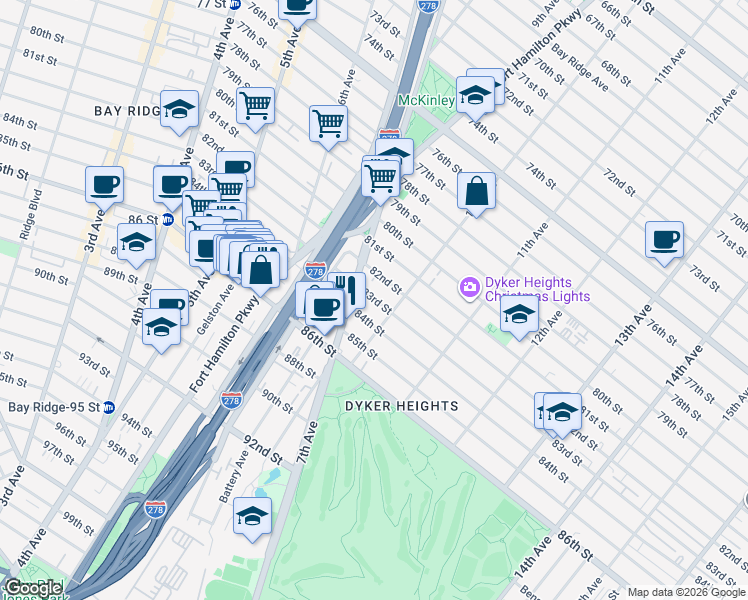 map of restaurants, bars, coffee shops, grocery stores, and more near 8220 10th Avenue in Brooklyn