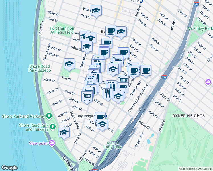 map of restaurants, bars, coffee shops, grocery stores, and more near 345 91st Street in Brooklyn