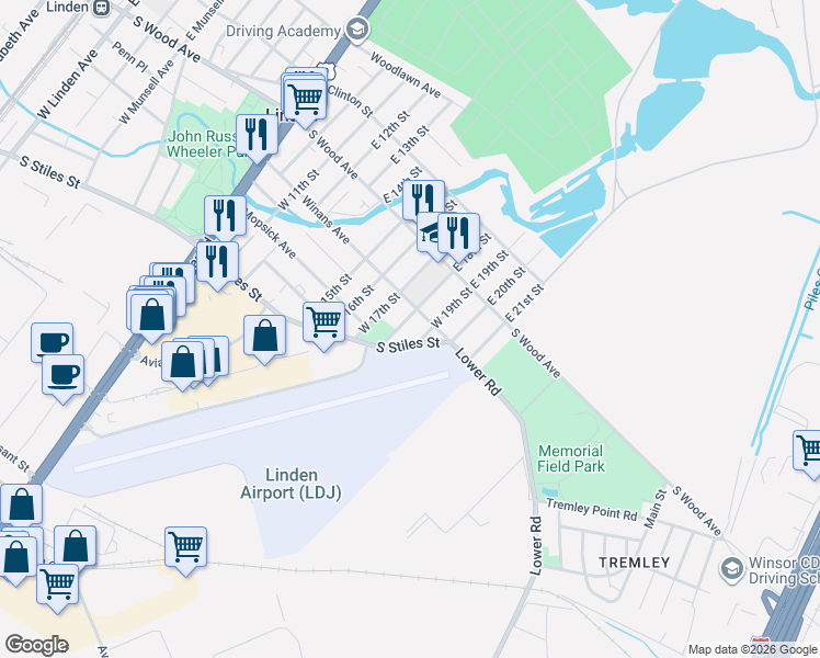 map of restaurants, bars, coffee shops, grocery stores, and more near 215 West 18th Street in Linden