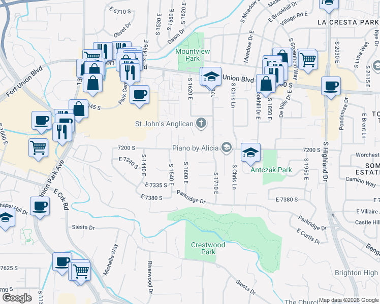 map of restaurants, bars, coffee shops, grocery stores, and more near 7229 South 1600 East in Cottonwood Heights