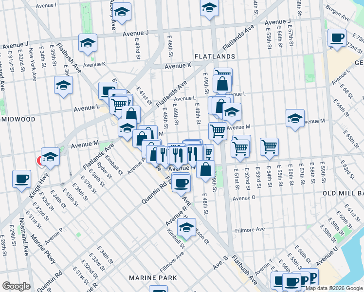 map of restaurants, bars, coffee shops, grocery stores, and more near 1659 East 46th Street in Brooklyn