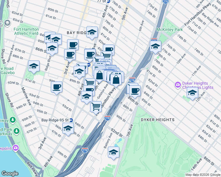 map of restaurants, bars, coffee shops, grocery stores, and more near 8622 Fort Hamilton Parkway in Brooklyn