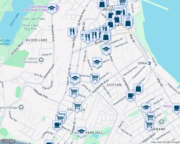 map of restaurants, bars, coffee shops, grocery stores, and more near 105 Laurel Avenue in Staten Island