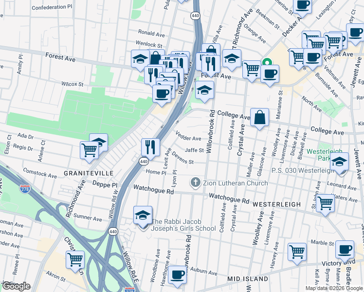 map of restaurants, bars, coffee shops, grocery stores, and more near 47 Jaffe Street in Staten Island