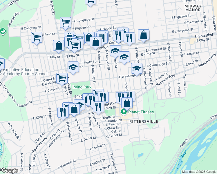 map of restaurants, bars, coffee shops, grocery stores, and more near 712 North Lacrosse Street in Allentown