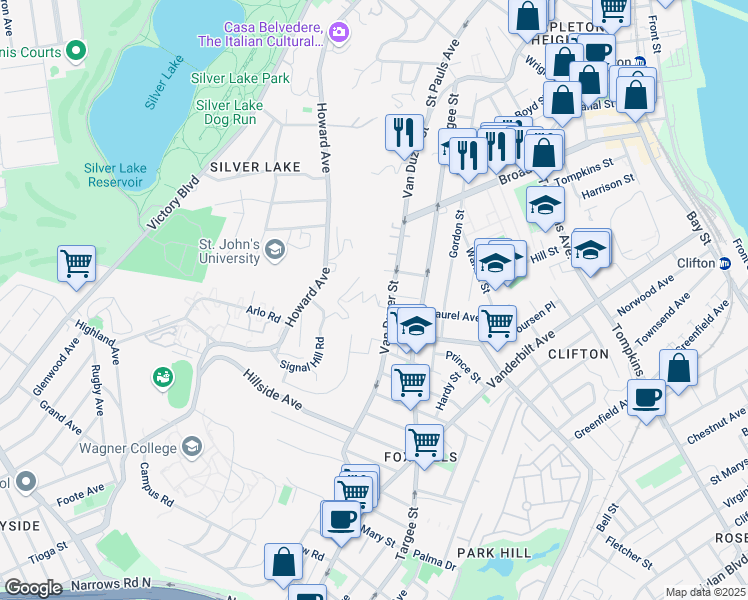 map of restaurants, bars, coffee shops, grocery stores, and more near 24 Oakland Terrace in Staten Island