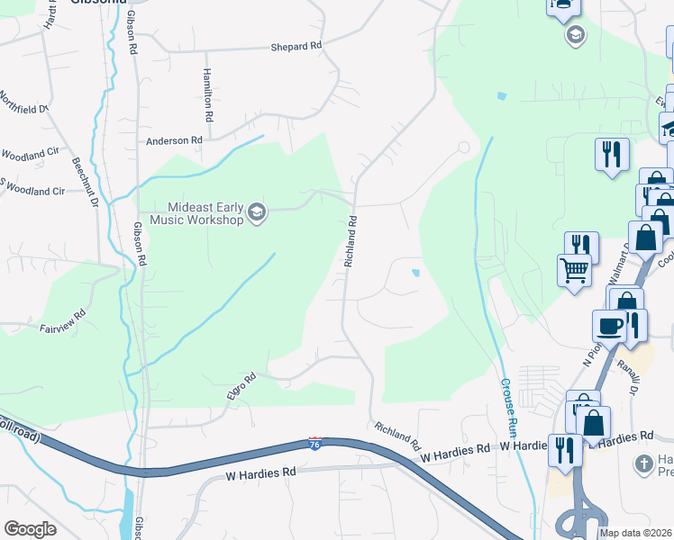 map of restaurants, bars, coffee shops, grocery stores, and more near 5291 Richland Road in Gibsonia