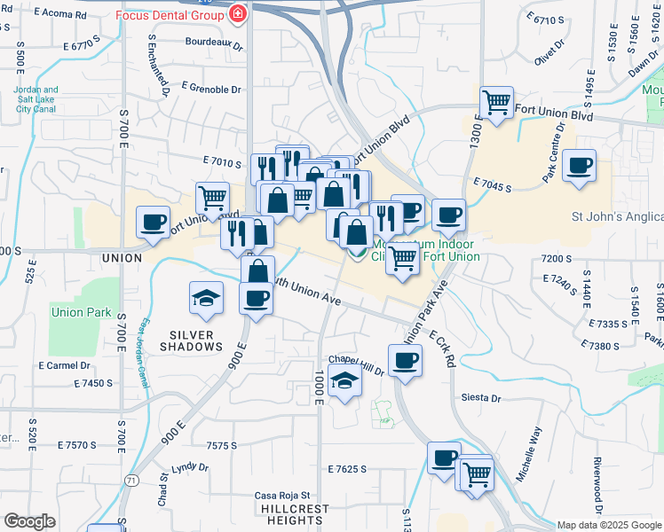 map of restaurants, bars, coffee shops, grocery stores, and more near 1026 East North Union Avenue in Midvale