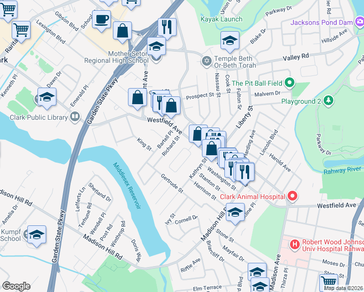 map of restaurants, bars, coffee shops, grocery stores, and more near 73 Prescott Turn in Clark