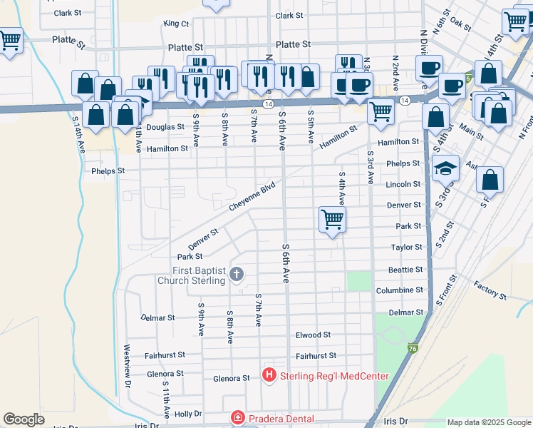 map of restaurants, bars, coffee shops, grocery stores, and more near 623 Denver Street in Sterling