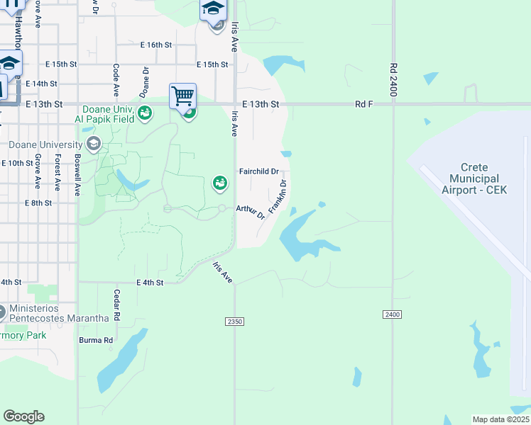 map of restaurants, bars, coffee shops, grocery stores, and more near 1860 Arthur Drive in Crete