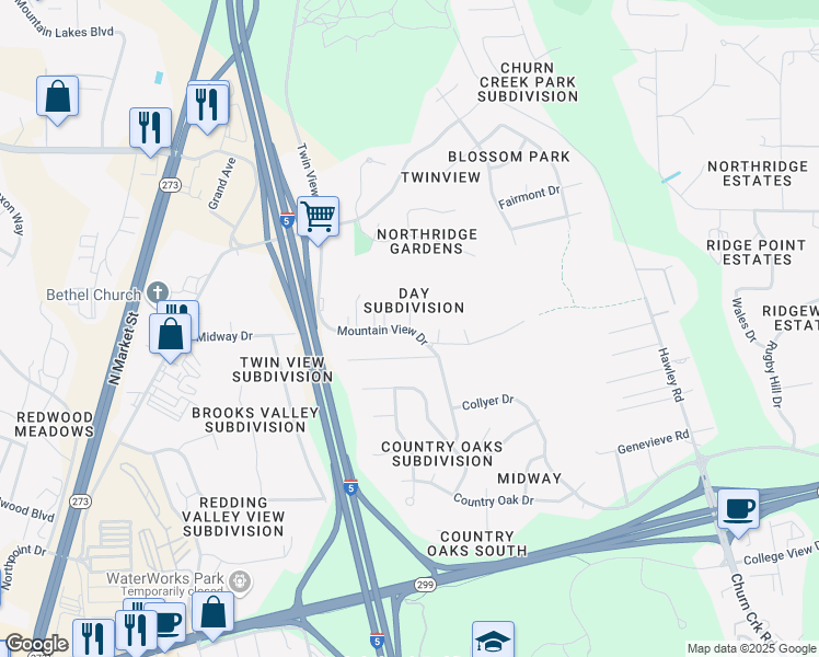 map of restaurants, bars, coffee shops, grocery stores, and more near Mountain View Drive in Redding