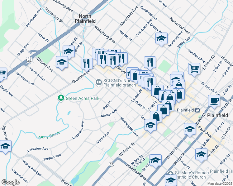 map of restaurants, bars, coffee shops, grocery stores, and more near 124 Grove Street in North Plainfield