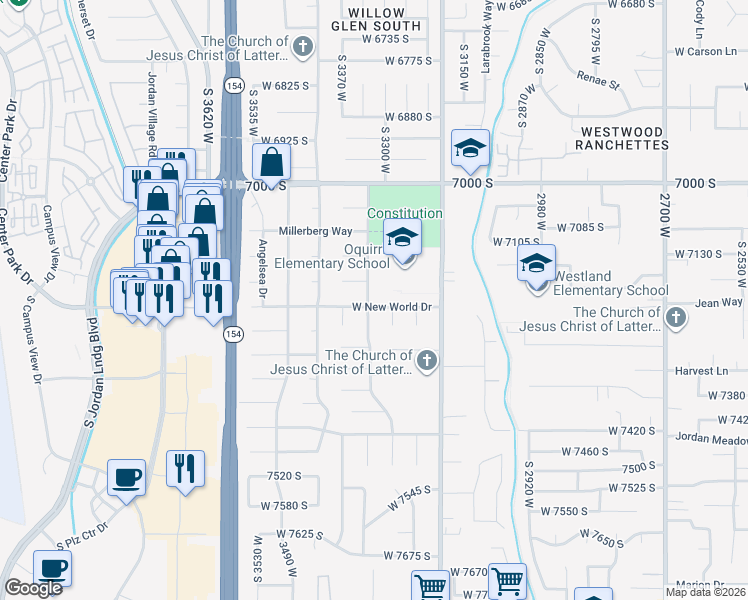 map of restaurants, bars, coffee shops, grocery stores, and more near 3320 West New World Drive in West Jordan