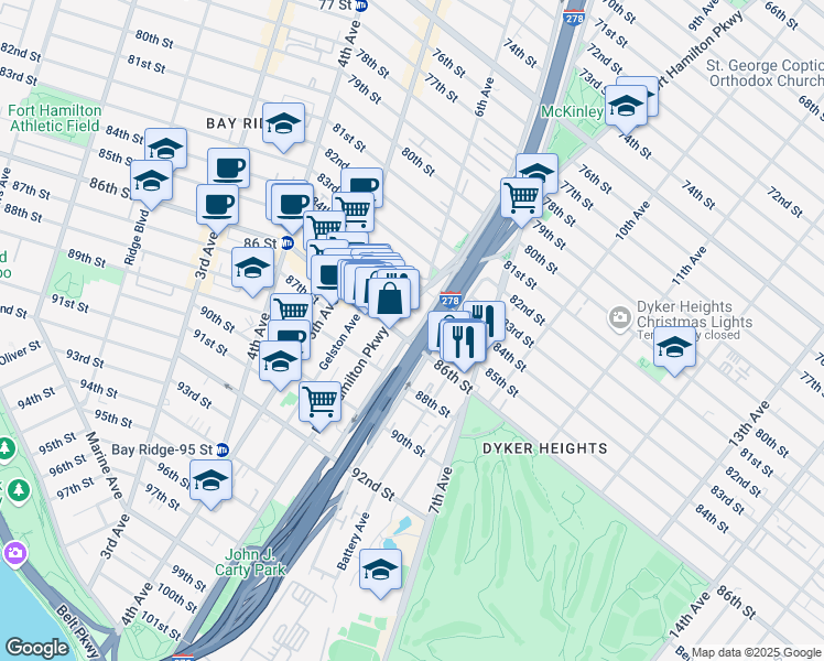map of restaurants, bars, coffee shops, grocery stores, and more near 621 86th Street in Brooklyn