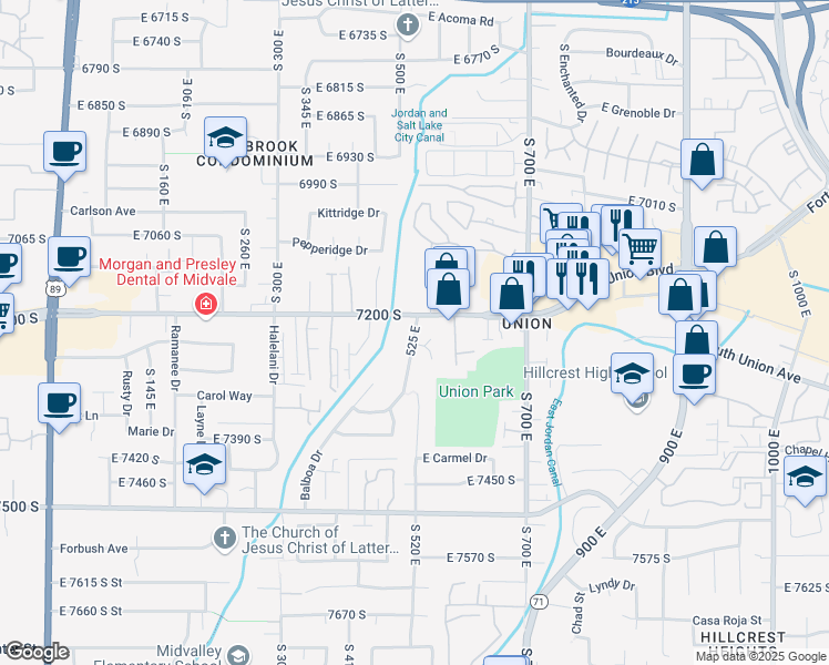 map of restaurants, bars, coffee shops, grocery stores, and more near 7230 South 525 East in Midvale