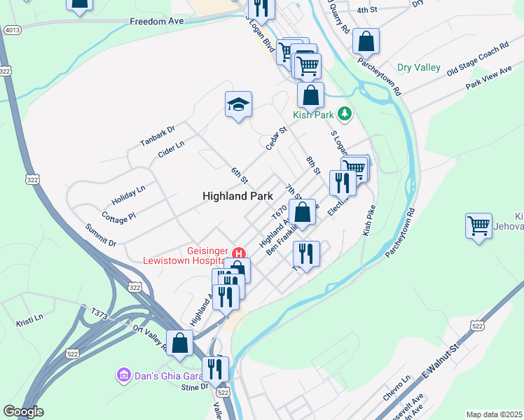 map of restaurants, bars, coffee shops, grocery stores, and more near 514 Maple Avenue in Lewistown