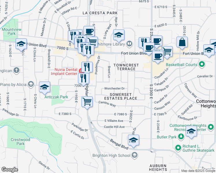 map of restaurants, bars, coffee shops, grocery stores, and more near 2099 Worchester Drive in Cottonwood Heights