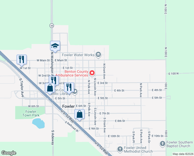 map of restaurants, bars, coffee shops, grocery stores, and more near 305 North Lincoln Avenue in Fowler