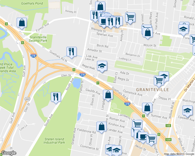 map of restaurants, bars, coffee shops, grocery stores, and more near 899 Goethals Road North in Staten Island