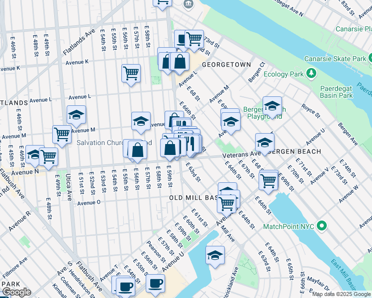 map of restaurants, bars, coffee shops, grocery stores, and more near 2379 Ralph Avenue in Brooklyn