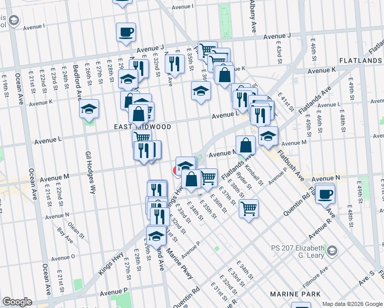 map of restaurants, bars, coffee shops, grocery stores, and more near Kings Highway in Brooklyn