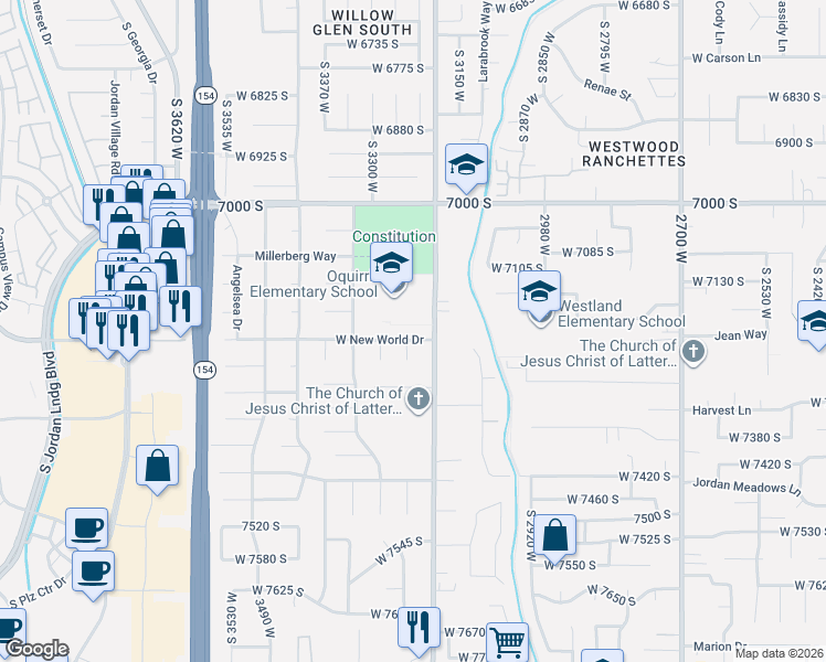 map of restaurants, bars, coffee shops, grocery stores, and more near 3236 West New World Drive in West Jordan