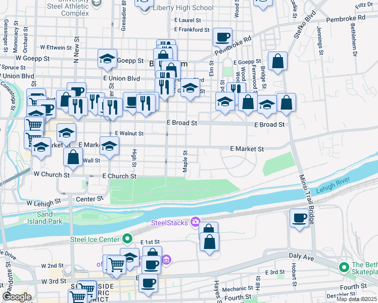 map of restaurants, bars, coffee shops, grocery stores, and more near 450 Maple Street in Bethlehem