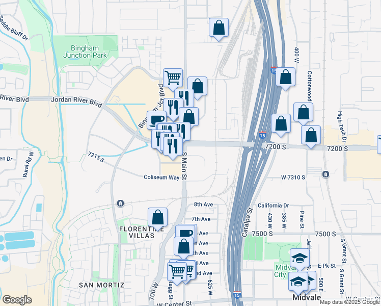 map of restaurants, bars, coffee shops, grocery stores, and more near in West Jordan