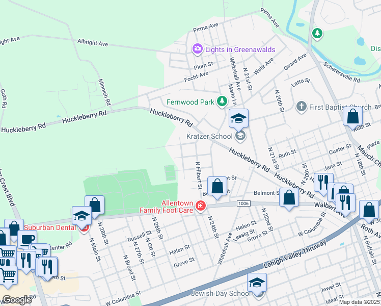 map of restaurants, bars, coffee shops, grocery stores, and more near 1806 Roosevelt Street in Allentown
