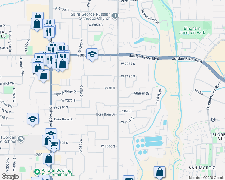 map of restaurants, bars, coffee shops, grocery stores, and more near 1317 7200 South in West Jordan