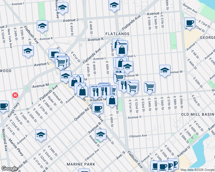 map of restaurants, bars, coffee shops, grocery stores, and more near 1662 East 48th Street in Brooklyn