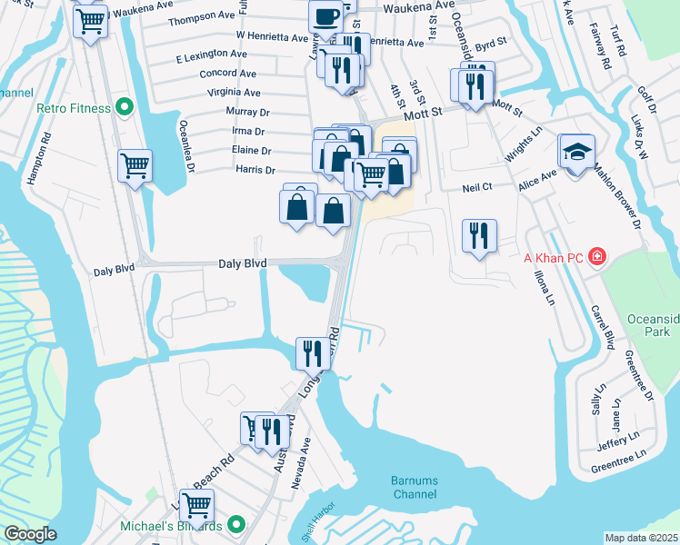 map of restaurants, bars, coffee shops, grocery stores, and more near 3600 Long Beach Road in Oceanside
