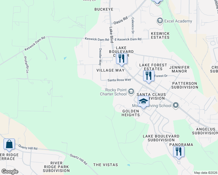 map of restaurants, bars, coffee shops, grocery stores, and more near 3200-3222 Santa Rosa Way in Redding