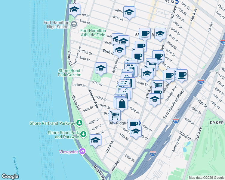 map of restaurants, bars, coffee shops, grocery stores, and more near 240 91st Street in Brooklyn