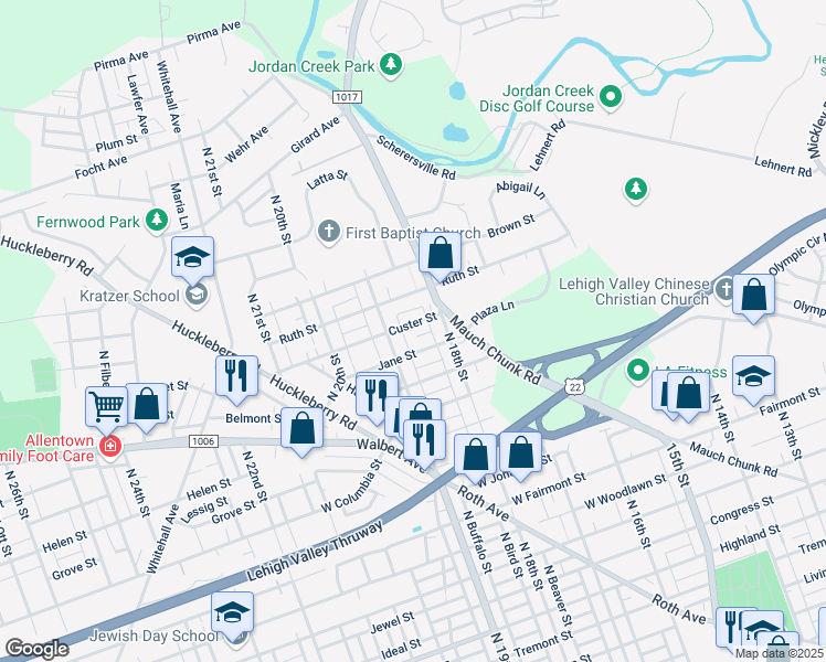 map of restaurants, bars, coffee shops, grocery stores, and more near 1829 Jane Street in Allentown