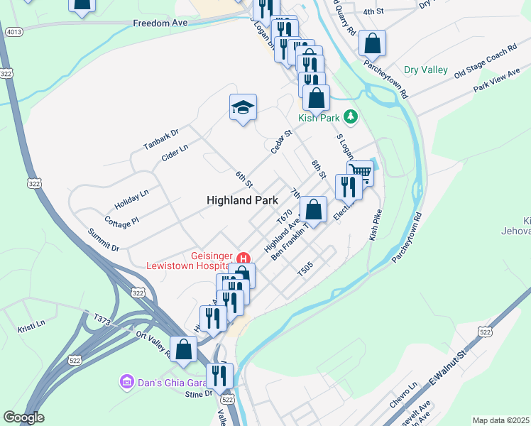 map of restaurants, bars, coffee shops, grocery stores, and more near 514 Maple Avenue in Lewistown