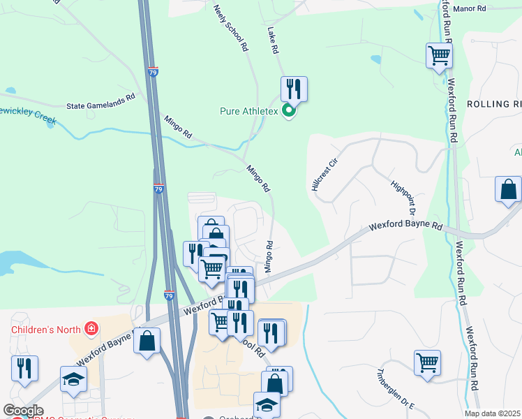 map of restaurants, bars, coffee shops, grocery stores, and more near 385 Marshall Heights Drive in Wexford