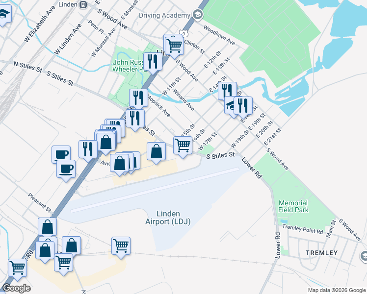 map of restaurants, bars, coffee shops, grocery stores, and more near 1519 South Stiles Street in Linden