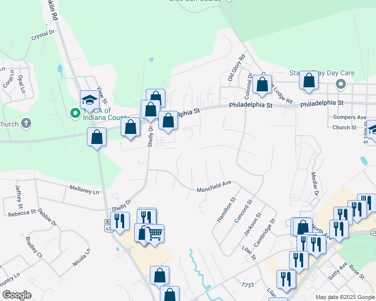 map of restaurants, bars, coffee shops, grocery stores, and more near 116 Madison Circle in Indiana