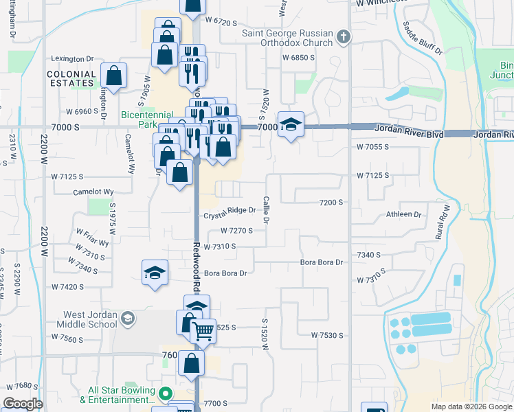 map of restaurants, bars, coffee shops, grocery stores, and more near 7226 Callie Drive in West Jordan