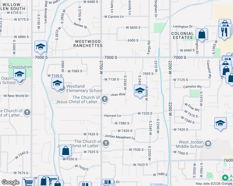map of restaurants, bars, coffee shops, grocery stores, and more near 2567 Jean Way in West Jordan