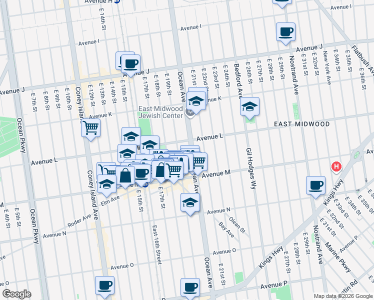 map of restaurants, bars, coffee shops, grocery stores, and more near 1724 Ocean Avenue in Brooklyn