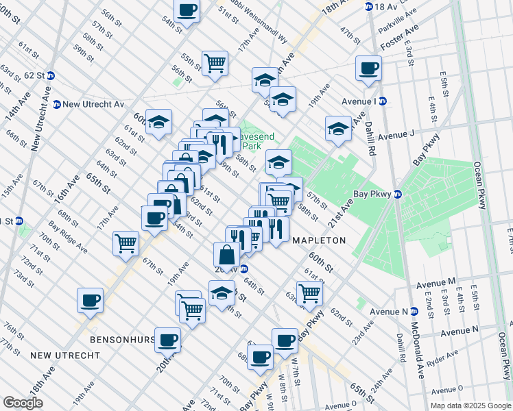 map of restaurants, bars, coffee shops, grocery stores, and more near 1930 60th Street in Brooklyn