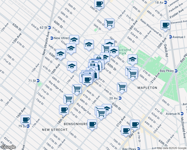 map of restaurants, bars, coffee shops, grocery stores, and more near 6210 18th Avenue in Brooklyn