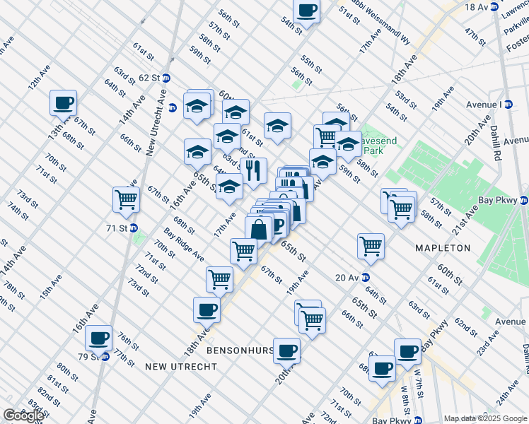map of restaurants, bars, coffee shops, grocery stores, and more near 1762 64th Street in Brooklyn