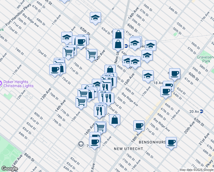 map of restaurants, bars, coffee shops, grocery stores, and more near 1518 70th Street in Brooklyn