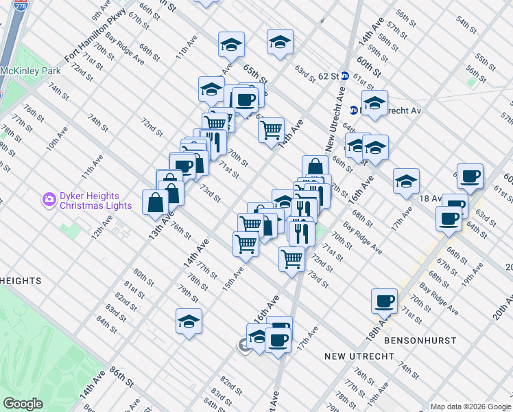map of restaurants, bars, coffee shops, grocery stores, and more near 1442 72nd Street in Brooklyn
