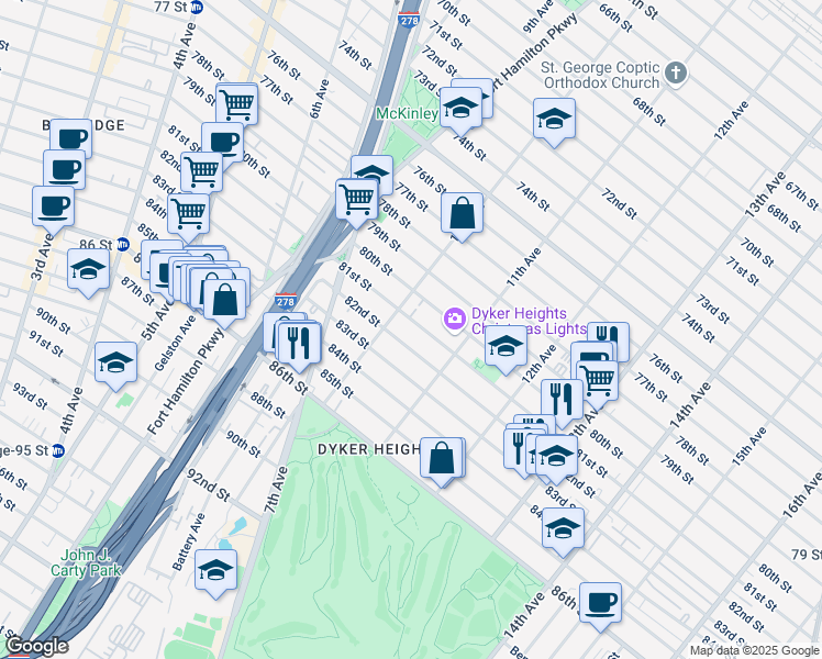 map of restaurants, bars, coffee shops, grocery stores, and more near 1021 82nd Street in Brooklyn